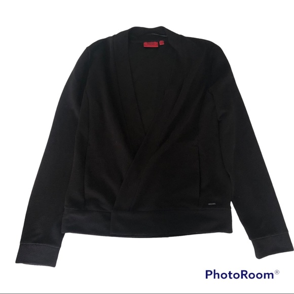 Hugo Boss black ribbed wrap 2 button cardigan sweater - Picture 1 of 9